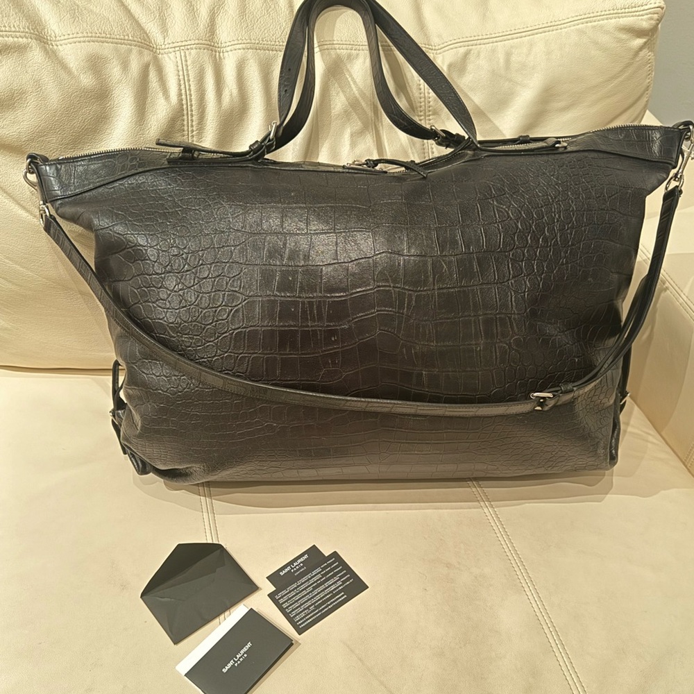 SAINT LAURENT Calfskin Crocodile Embossed Large Convertible Tote/Travel Bag